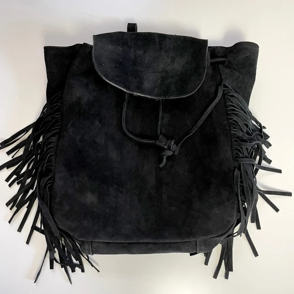 D2 Suede Fringe Backpack Boho Western Black Leather Coastal Cowgirl Festival